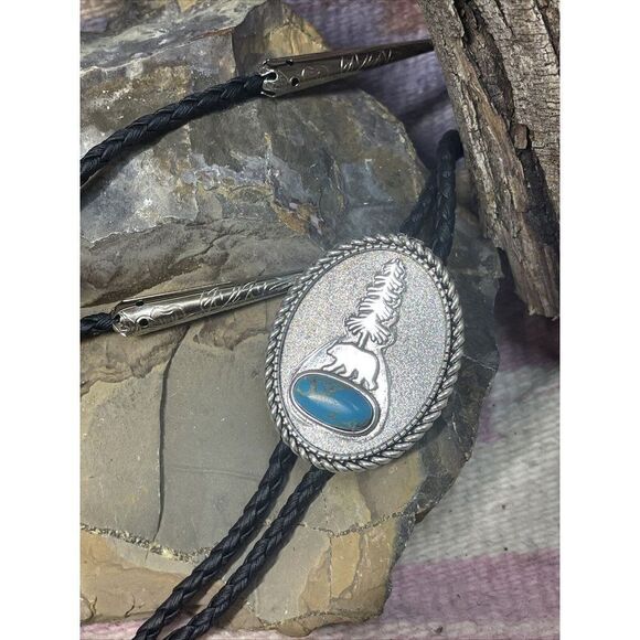 TURQUOISE BEAR SILVER BOLO LARIAT Y NECKLACE MENS WOMENS MOM DAD GIFT WESTERN - Picture 7 of 16